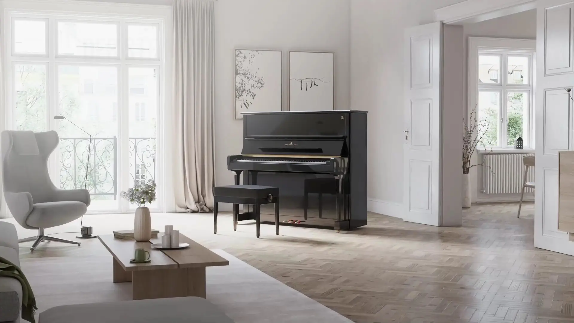 The Steinway Upright Piano in a sunlit living room
